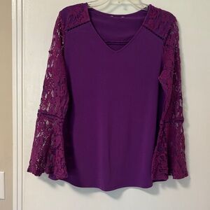 Express Deep Purple V-Neck Blouse with Lace Bell Sleeves